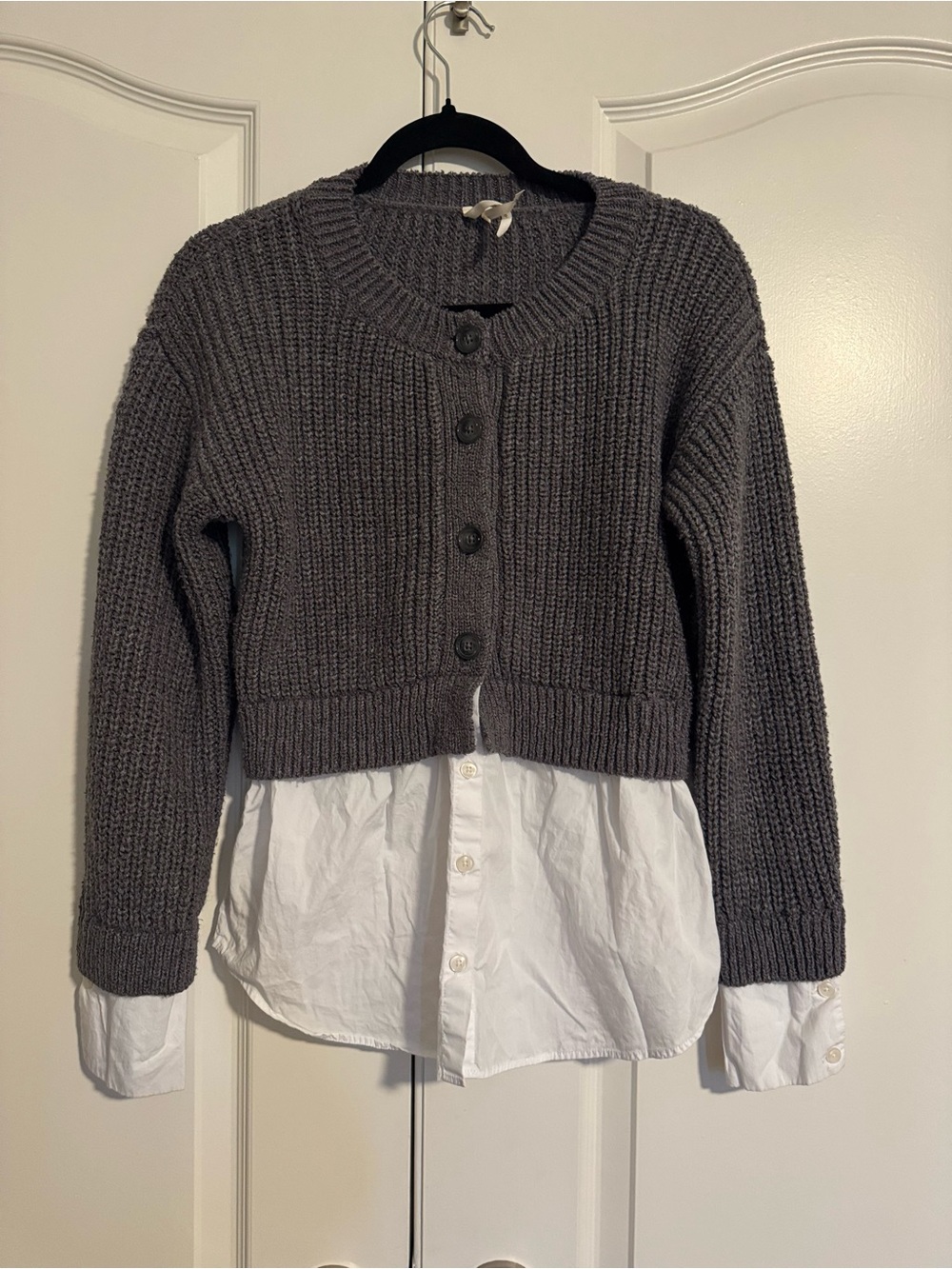Anthropologie Cropped Twofer Chunky Knit Cardigan Sweater - Charcoal Gray